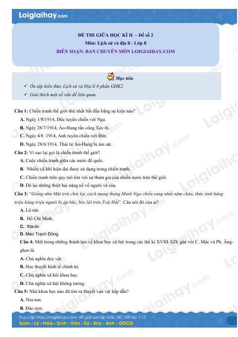 Đề thi giữa kì 2 Lịch sử và Địa lí 8 - Đề số 2